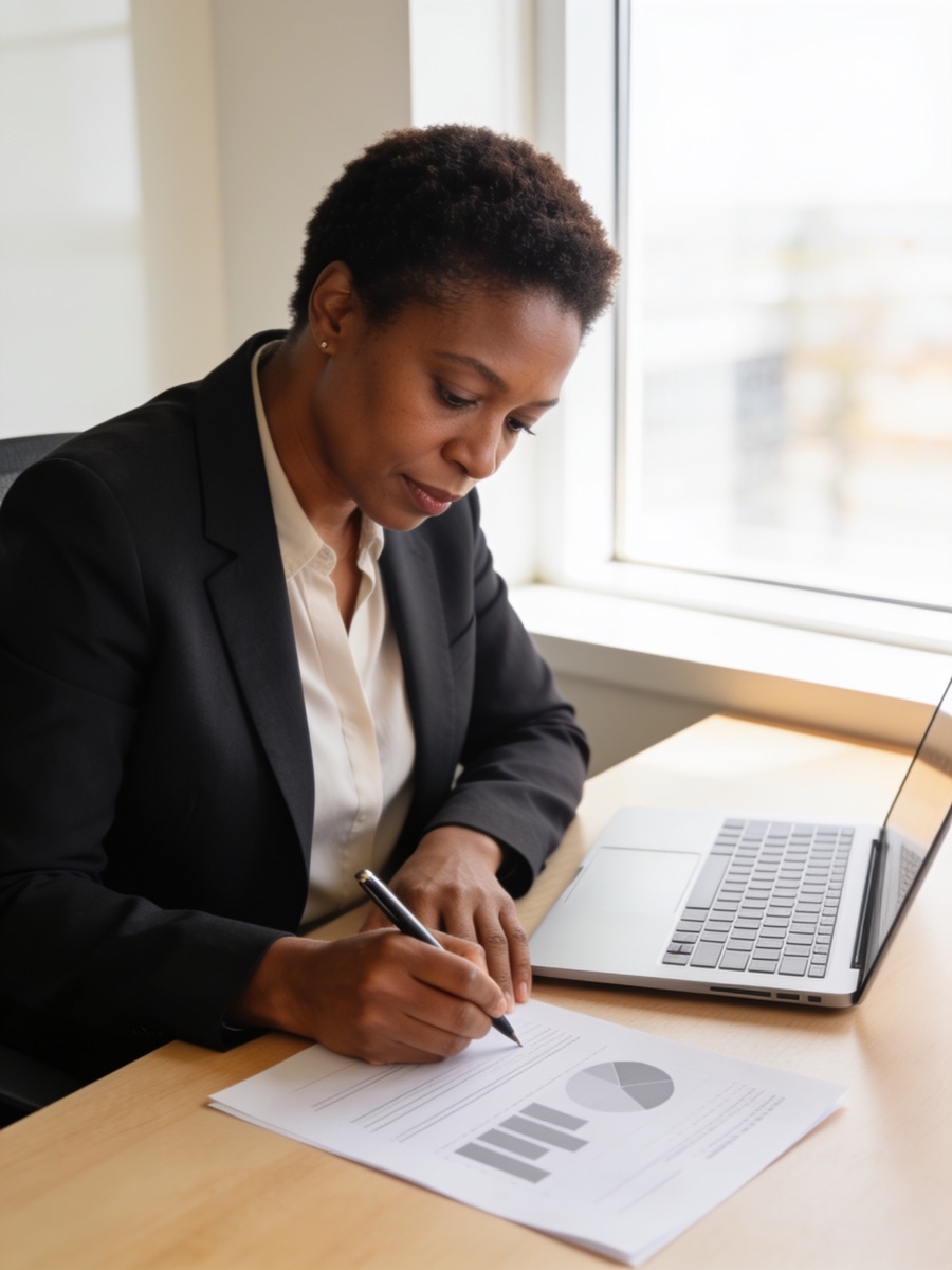 An operations executive annotating a printed strategy document beside an open laptop